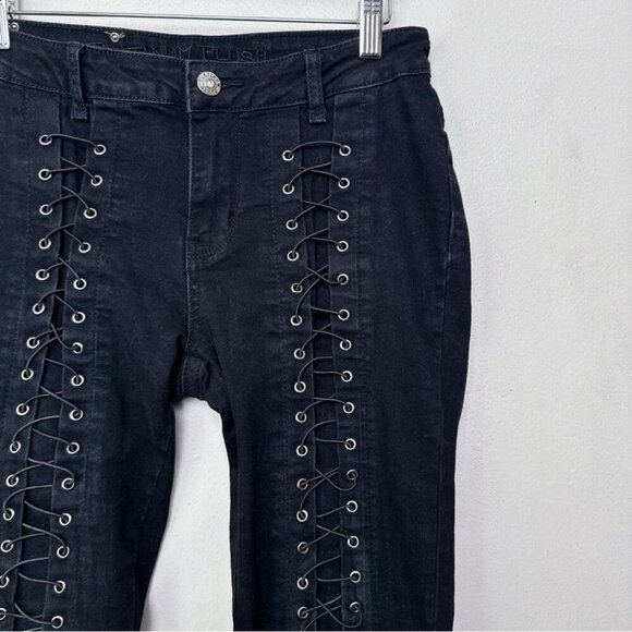 Platinum Plush Womens 7 Rhinestones Lace Up Biker Riding Jeans - Picture 4 of 14